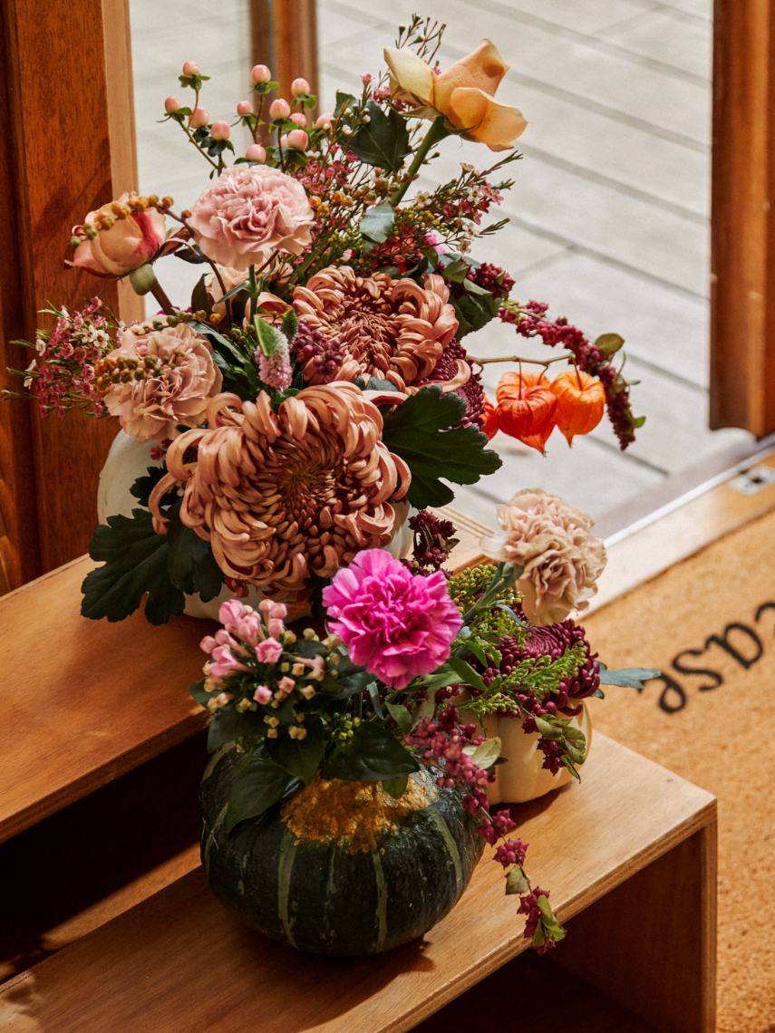 fall chrysanthemum bouquet and flower pumpkin arrangement
